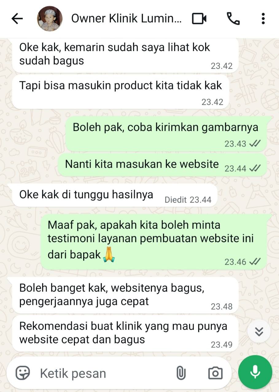 Testimoni WhatsApp customer yang menyampaikan website bagus, pengerjaan cepat, dan merekomendasikan layanan AIT Labs