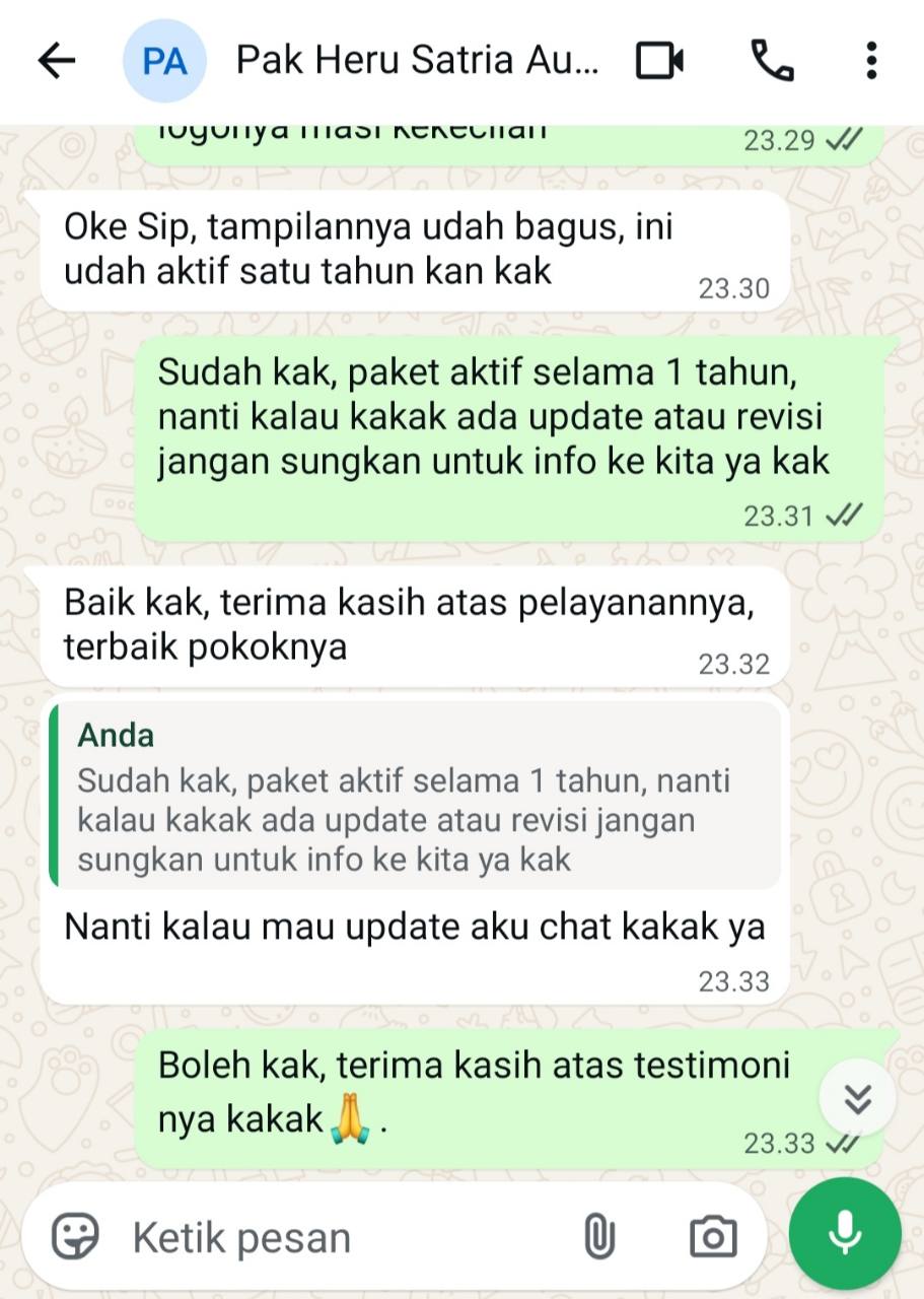 Testimoni WhatsApp customer yang menyampaikan tampilan website bagus dan pelayanan AIT Labs terbaik